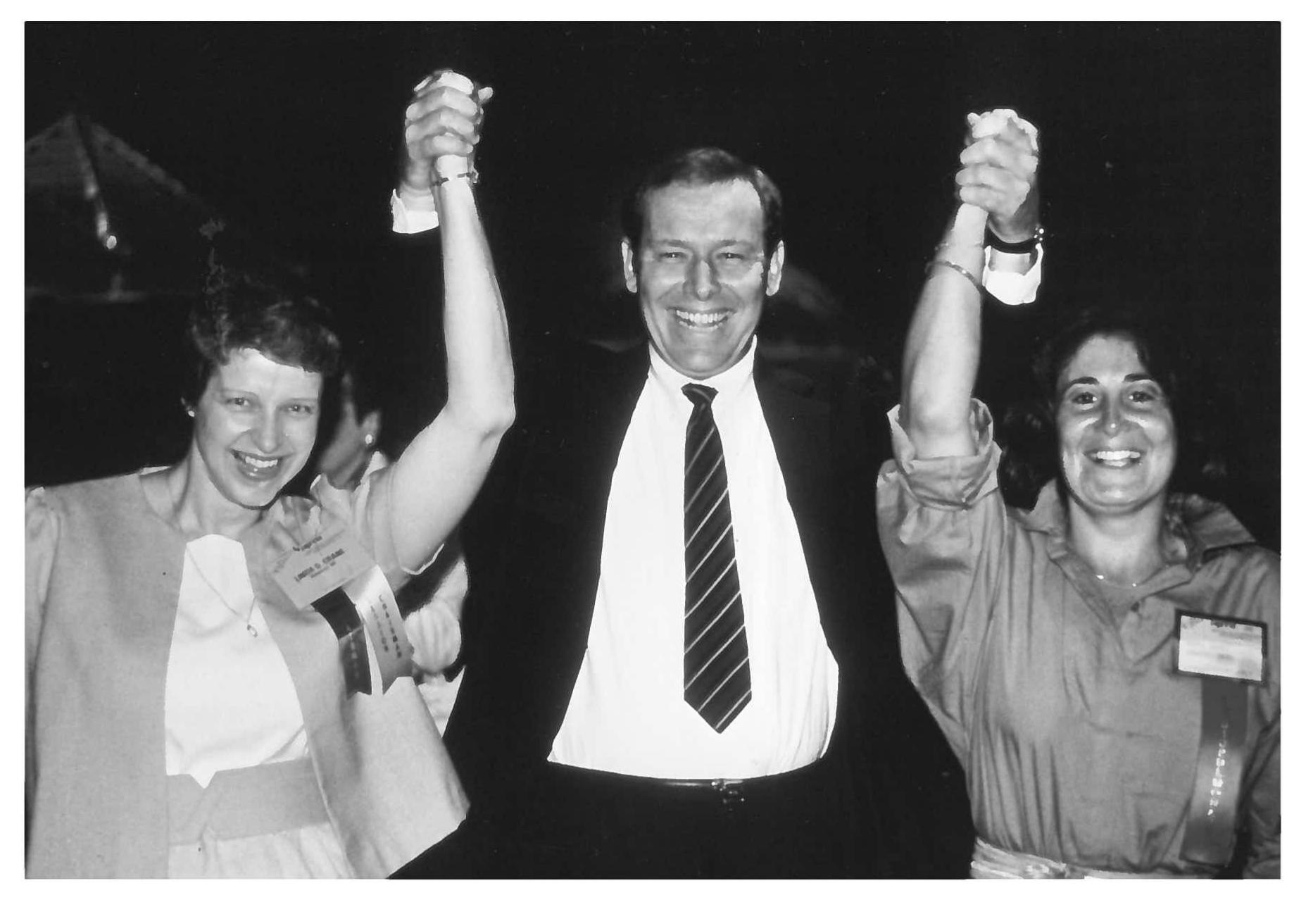 In February 1985, three physical therapists celebrate receiving the first advanced specialist certifications awarded. Left to right: Linda Crane; Scot Irwin; and Meryl Cohen. All three earned specialist certifications in cardiopulmonary physical therapy.