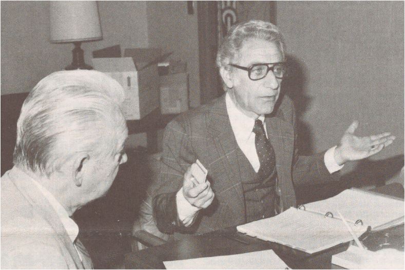 Former APTA President Charles Magistro assumes leadership of the Board of Trustees of the Foundation for Physical Therapy after his election as chairman of the Board. Trustee Kenneth Ludwig is seated at left. [Progress Report, 1979 (Nov); 8(10):1, 11.]